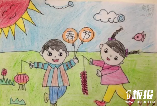 三年级春节儿童画图片-炮竹声声