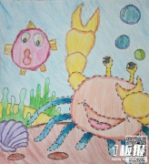 创意儿童版画绘画作品-螃蟹在度假