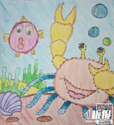 创意儿童版画绘画作品-螃蟹在度假