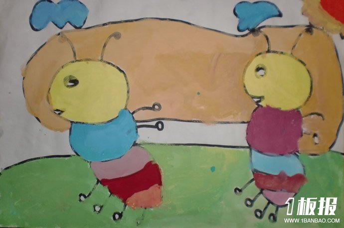 优秀儿童水粉画作品图_两只小蚂蚁搬食物