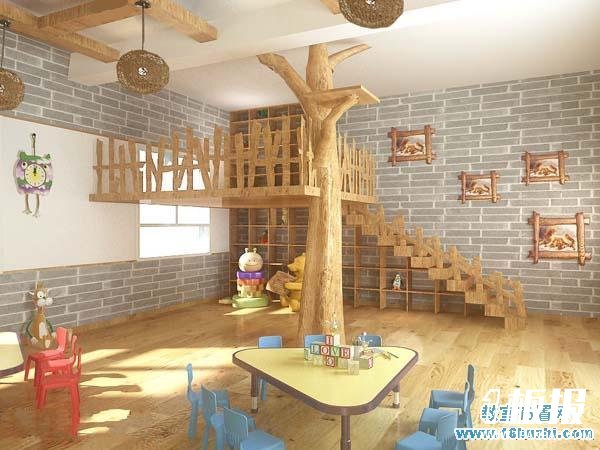幼儿园教室角落装修效果图：木梯小平台