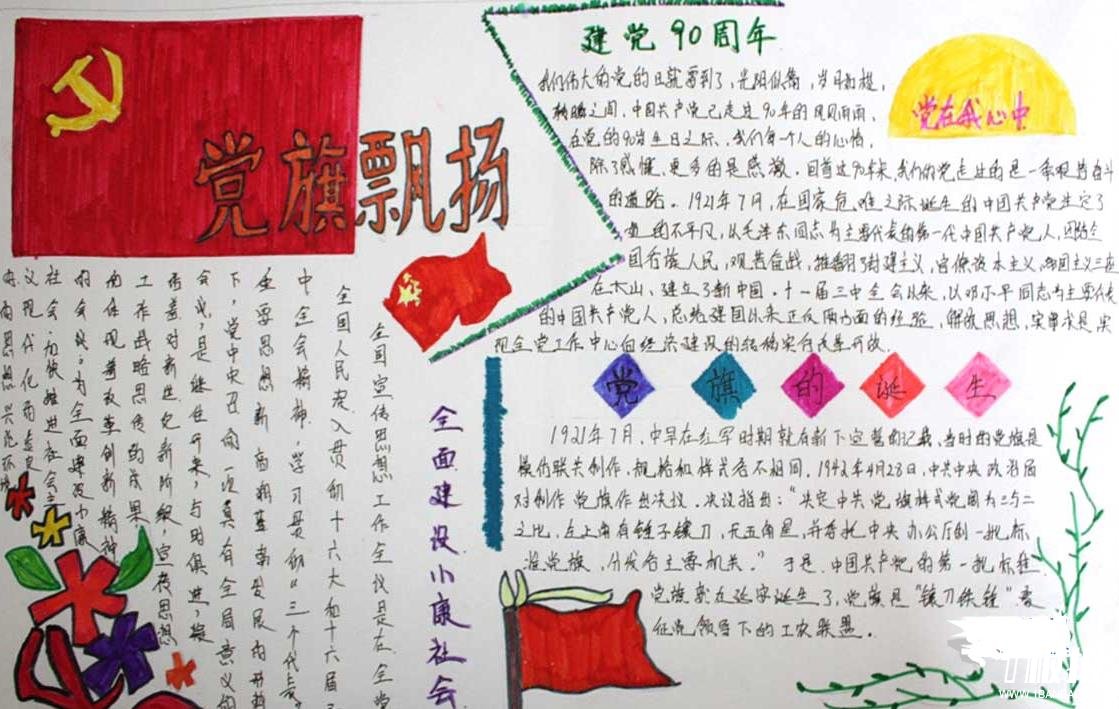 七一建党节手抄报一等奖作品-党旗飘扬