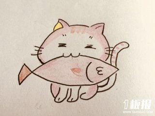 小猫咪叼着鱼儿简笔画
