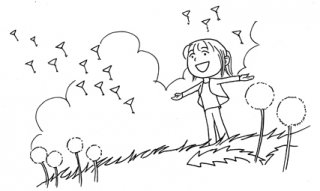 小女孩在蒲公英花丛中的唯美简笔画