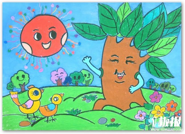 跟太阳打招呼的大树蜡笔画作品图片- www.yiyiyaya.cn