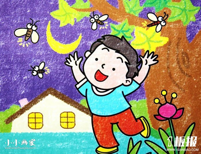扑蜜蜂的小男孩蜡笔画作品图片- www.yiyiyaya.cn
