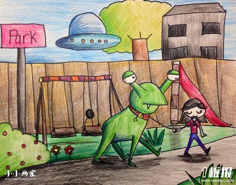 带怪兽逛公园的小女孩科幻蜡笔画作品图片- www.yiyiyaya.cn