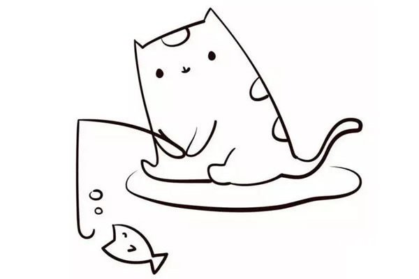 小猫钓鱼卡通简笔画6